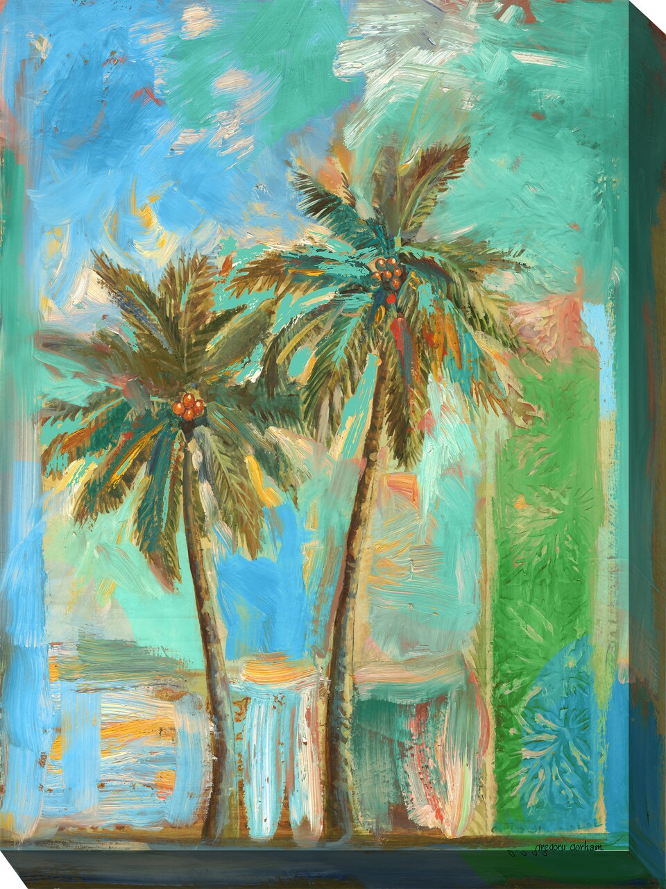 Outdoor Living and Style Blue and Green Modern Palms Outdoor Canvas Rectangular Wall Art Decor 40" x 30"